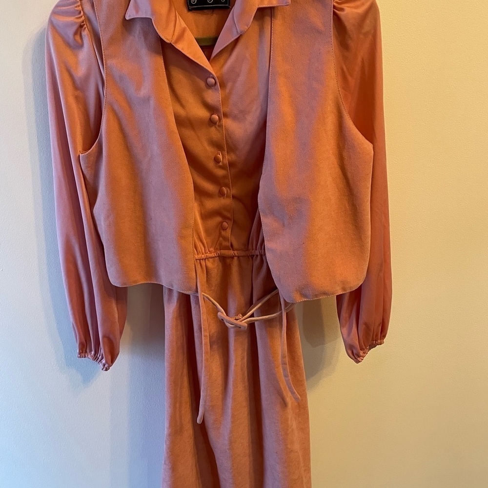 Vintage Gail Gray Dress Three Piece Pink Button Polyester Vest Belt Midi